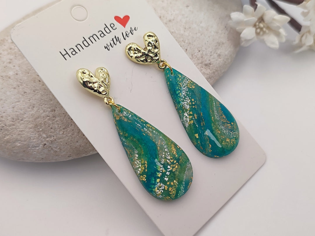 Teal Green and Gold Dangle Earrings, Handmade Polymer Clay Teardrop, Lightweight Earrings, Unique Gift, Handmade Gift, Costume Jewelry