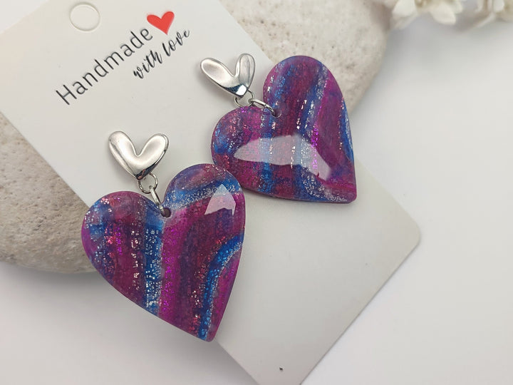 Heart Earrings, Handmade Magenta Blue Polymer Clay Dangle, Lightweight Earrings, Clay Jewellery, Statement Earrings, Silver Earrings UK