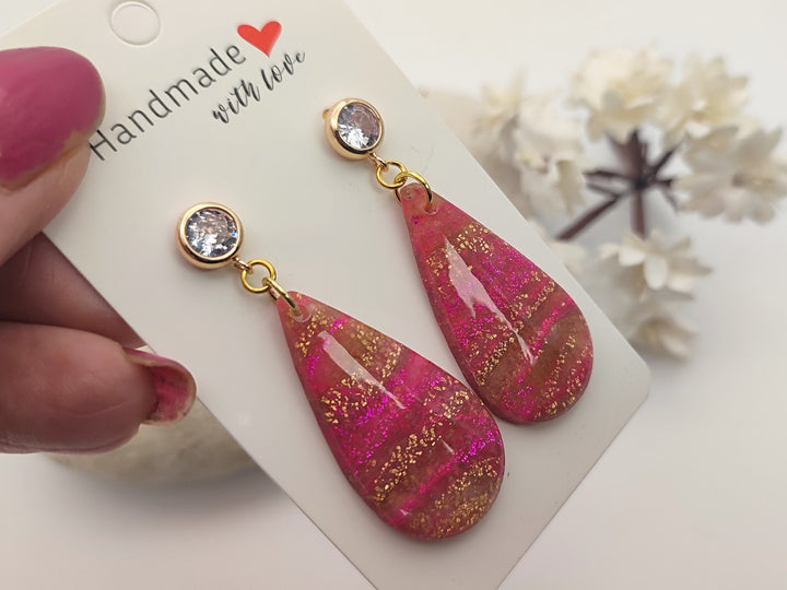 Pink and Gold Teardrop Dangle Earrings Polymer Clay Jewellery, Lightweight Statement Earrings, Handmade Gift for her