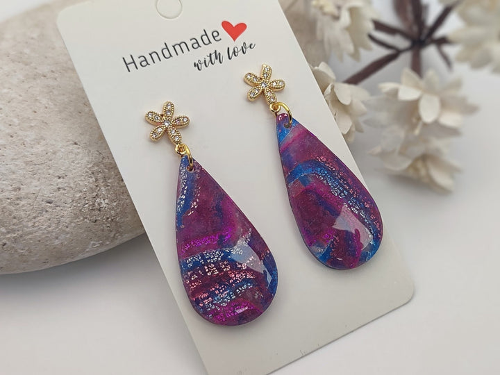 Handmade Teardrop Earrings, Magenta Blue Polymer Clay Dangle Drop, Lightweight Earrings, Clay Jewellery, Statement Earrings