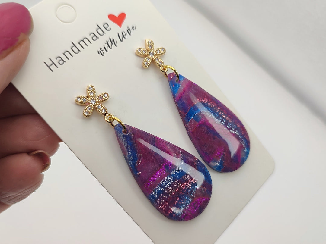 Handmade Teardrop Earrings, Magenta Blue Polymer Clay Dangle Drop, Lightweight Earrings, Clay Jewellery, Statement Earrings