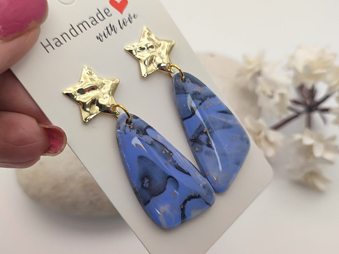 Handmade Polymer Clay Blue Earrings, Lightweight Statement Earrings, Unique Design, Dangle Drop Earrings Unusual Gifts Handmade Gift