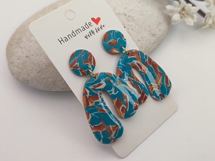 Lightweight Teal Brown Polymer Clay Earrings, Handmade UK Boho Jewellery, Fashion Earrings, Faux Stone Earrings