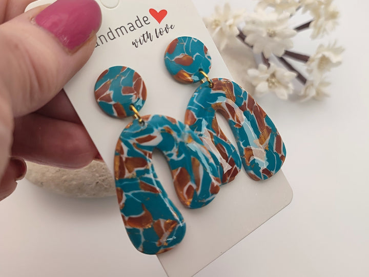 Lightweight Teal Brown Polymer Clay Earrings, Handmade UK Boho Jewellery, Fashion Earrings, Faux Stone Earrings