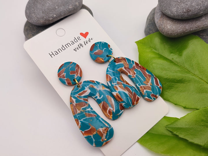 Lightweight Teal Brown Polymer Clay Earrings, Handmade UK Boho Jewellery, Fashion Earrings, Faux Stone Earrings