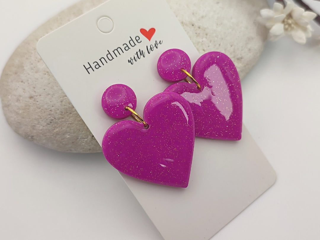 Hot Pink Heart Dangle Earrings Polymer Clay Jewellery, Lightweight Statement Earrings, Funky earrings Handmade Gift for her