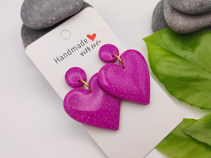 Hot Pink Heart Dangle Earrings Polymer Clay Jewellery, Lightweight Statement Earrings, Funky earrings Handmade Gift for her