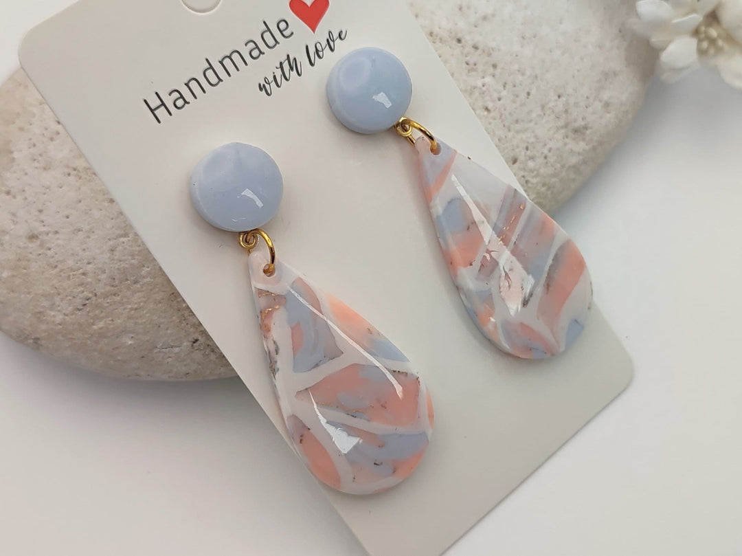 Pink Blue Marbled Dangle Earrings UK, Faux Gem Stone Jewellery, Polymer Clay Statement Earrings, Handmade