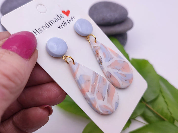 Pink Blue Marbled Dangle Earrings UK, Faux Gem Stone Jewellery, Polymer Clay Statement Earrings, Handmade