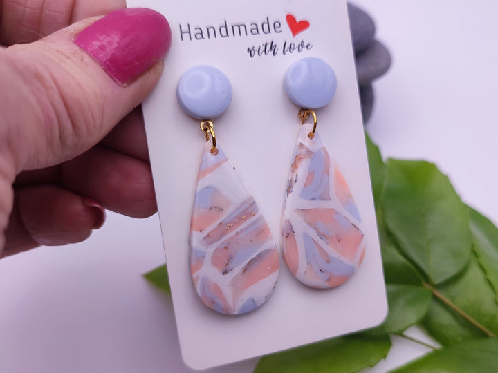 Pink Blue Marbled Dangle Earrings UK, Faux Gem Stone Jewellery, Polymer Clay Statement Earrings, Handmade