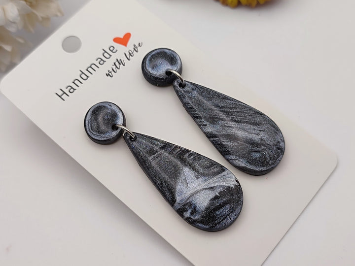 Black and Silver Teardrop Dangle Earrings UK, Black Jewellery, Polymer Clay Statement Earrings, Handmade Artisan Earrings