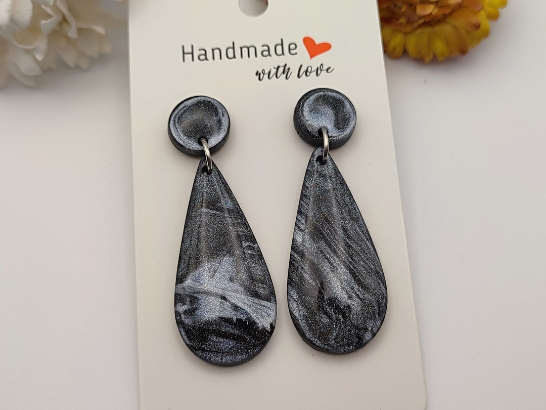 Black and Silver Teardrop Dangle Earrings UK, Black Jewellery, Polymer Clay Statement Earrings, Handmade Artisan Earrings