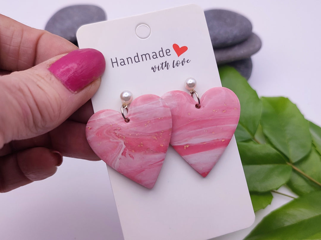 Pink Heart Polymer Clay Earrings, Handmade Lightweight Earring Dangle, Heart Shaped Earrings, Cute Jewellery, Unique Gift, Bridal Jewellery