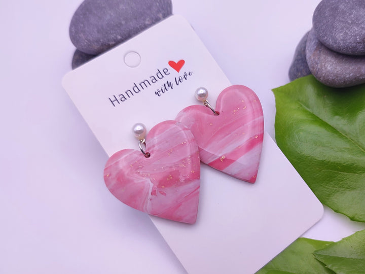 Pink Heart Polymer Clay Earrings, Handmade Lightweight Earring Dangle, Heart Shaped Earrings, Cute Jewellery, Unique Gift, Bridal Jewellery