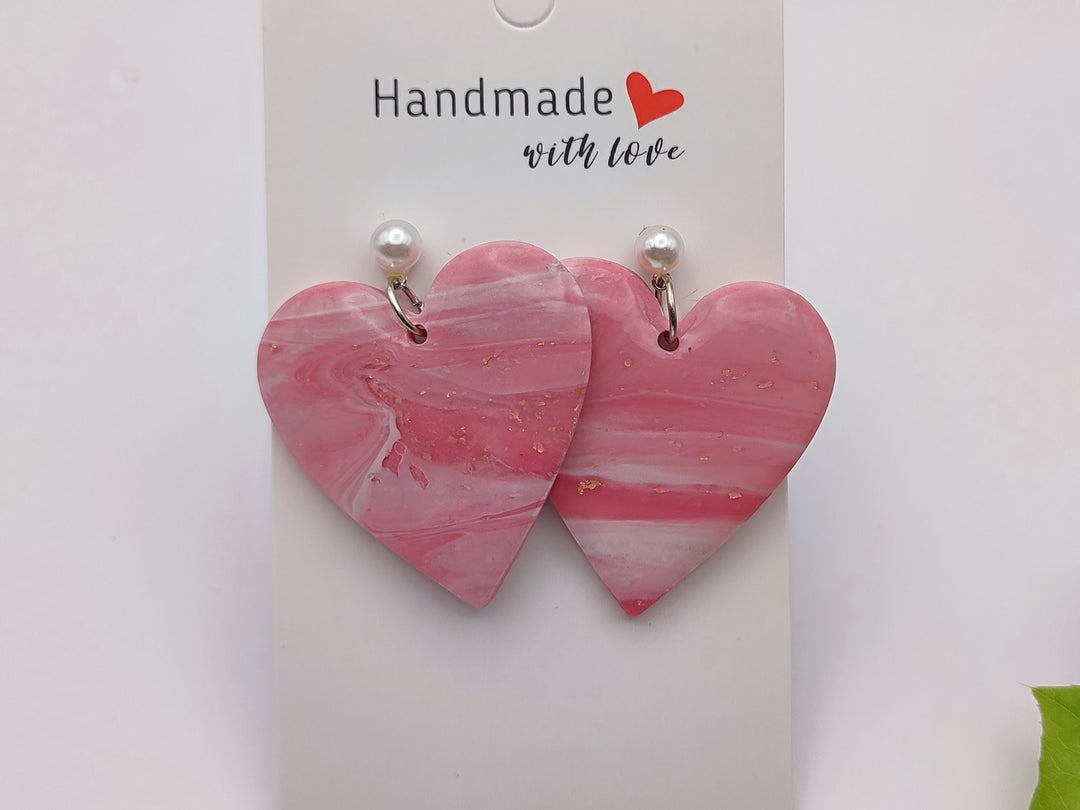 Pink Heart Polymer Clay Earrings, Handmade Lightweight Earring Dangle, Heart Shaped Earrings, Cute Jewellery, Unique Gift, Bridal Jewellery