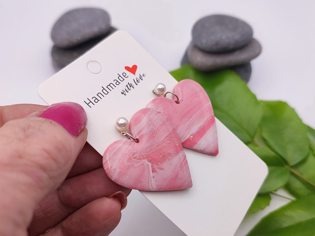 Pink Heart Polymer Clay Earrings, Handmade Lightweight Earring Dangle, Heart Shaped Earrings, Cute Jewellery, Unique Gift, Bridal Jewellery