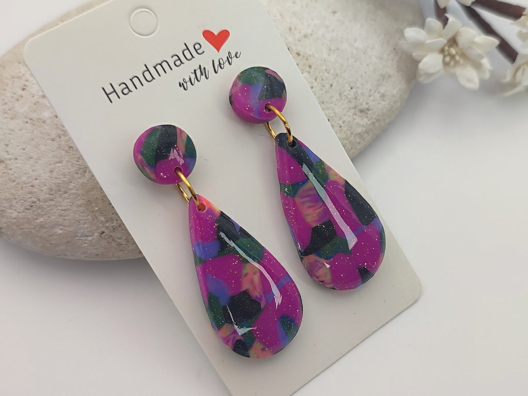 Fashion Earrings, Lightweight Funky Earrings, Hot Pink Earrings, Teardrop Polymer Clay Dangle Drop, Funky Fashion Costume Jewellery