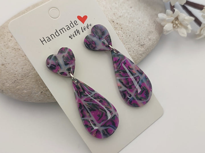 Handmade Teardrop Earrings in Purple and Black, Lightweight Polymer Clay Earrings for Women, Elegant Design Earrings, Unique Earrings