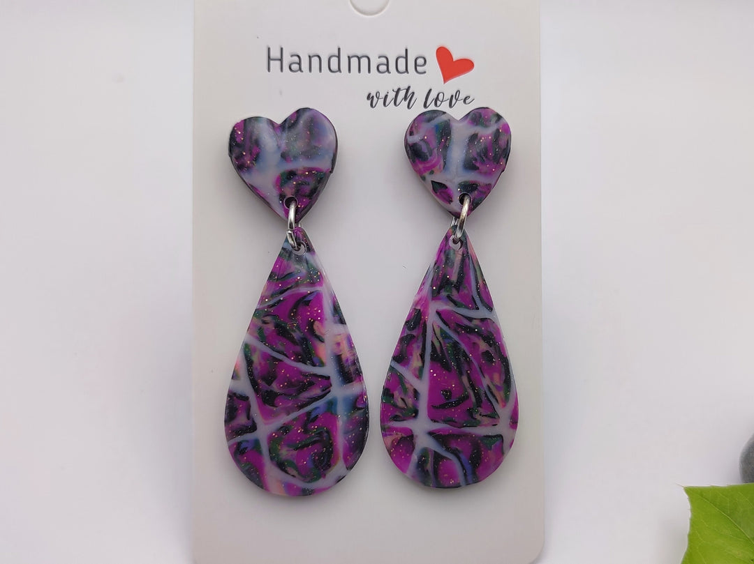 Handmade Teardrop Earrings in Purple and Black, Lightweight Polymer Clay Earrings for Women, Elegant Design Earrings, Unique Earrings