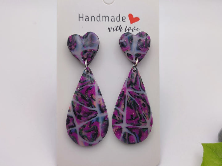 Handmade Teardrop Earrings in Purple and Black, Lightweight Polymer Clay Earrings for Women, Elegant Design Earrings, Unique Earrings