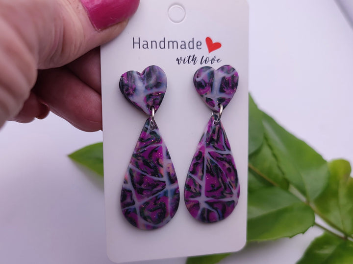 Handmade Teardrop Earrings in Purple and Black, Lightweight Polymer Clay Earrings for Women, Elegant Design Earrings, Unique Earrings