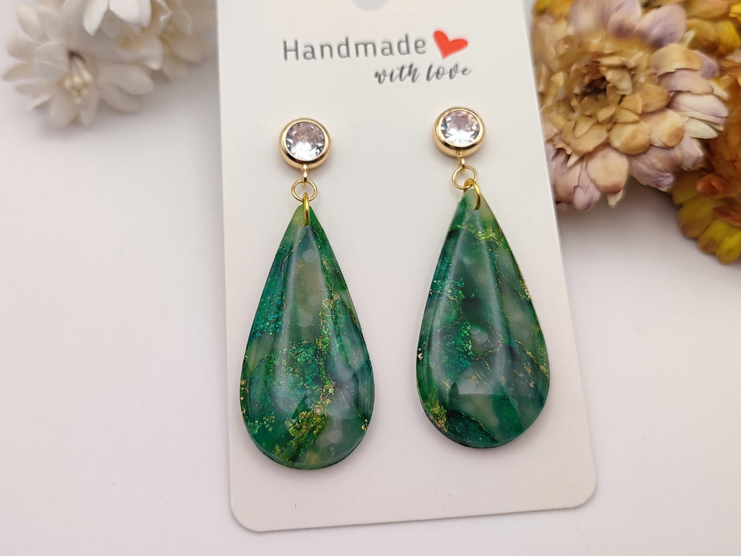 Green Faux Gemstone Dangle Drop Earrings, Polymer Clay Statement Earrings, Handmade Earrings Statement Jewellery