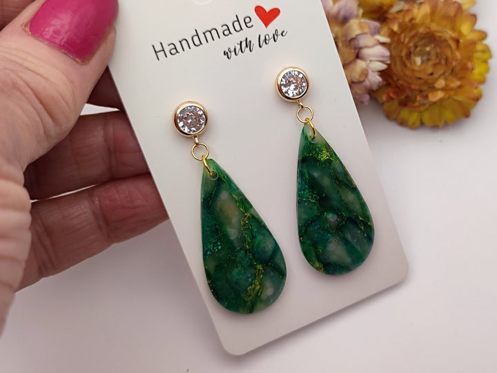 Green Faux Gemstone Dangle Drop Earrings, Polymer Clay Statement Earrings, Handmade Earrings Statement Jewellery