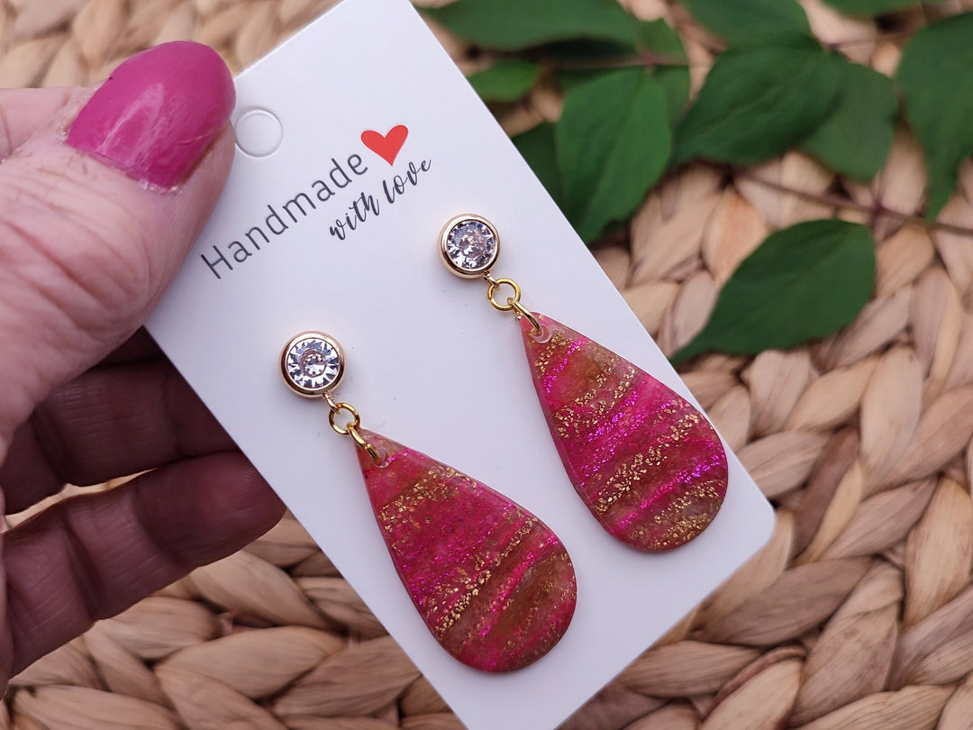 Pink and Gold Teardrop Dangle Earrings Polymer Clay Jewellery, Lightweight Statement Earrings, Handmade Gift for her