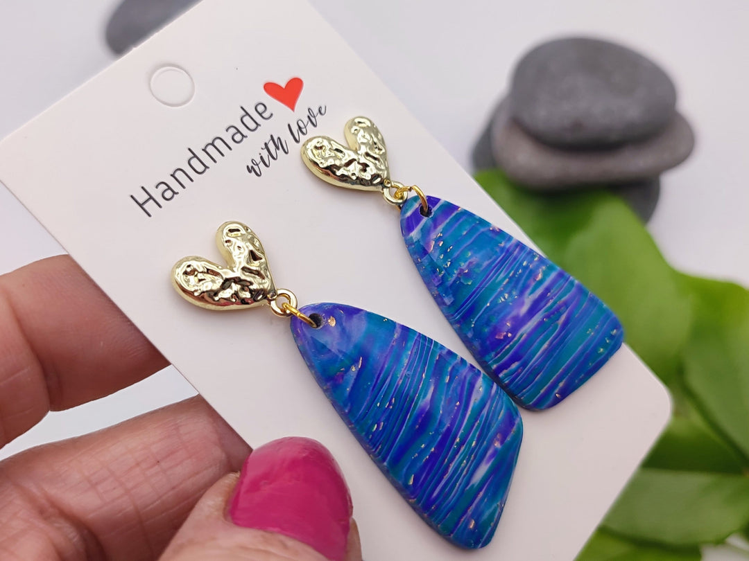 Handmade Blue Purple Earrings, Dangle Drop Polymer Clay Jewellery, Unique Statement Earrings, Lightweight Gift for her