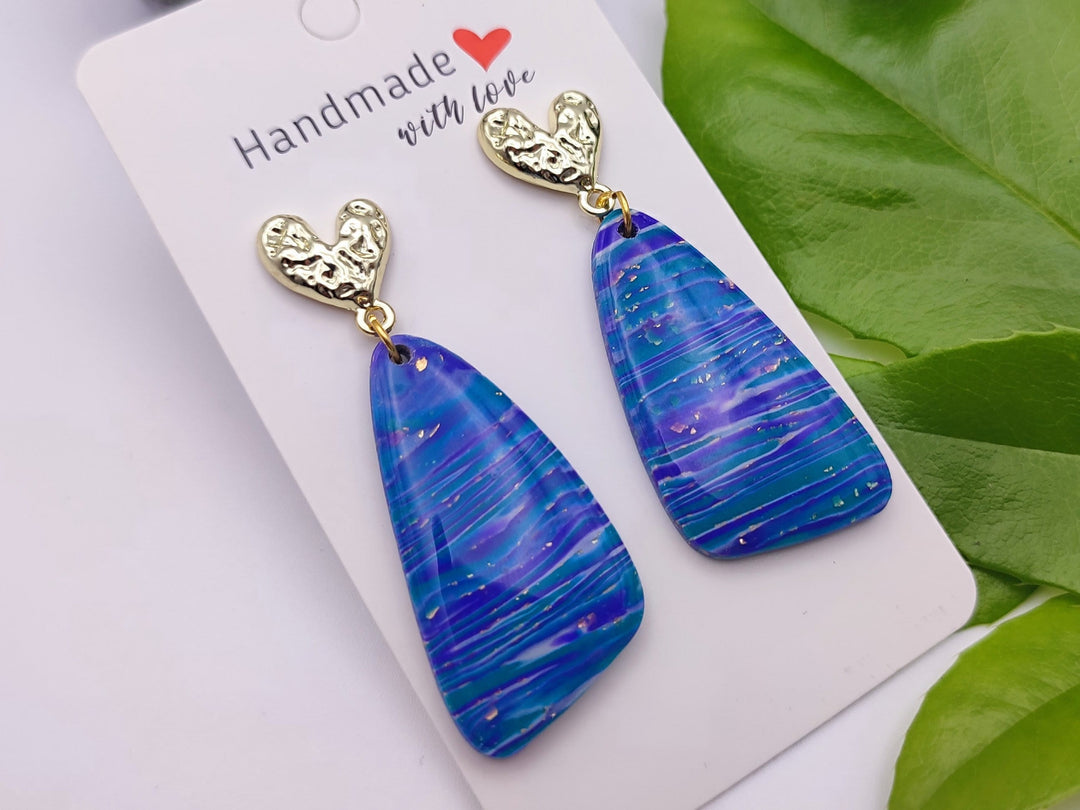 Handmade Blue Purple Earrings, Dangle Drop Polymer Clay Jewellery, Unique Statement Earrings, Lightweight Gift for her