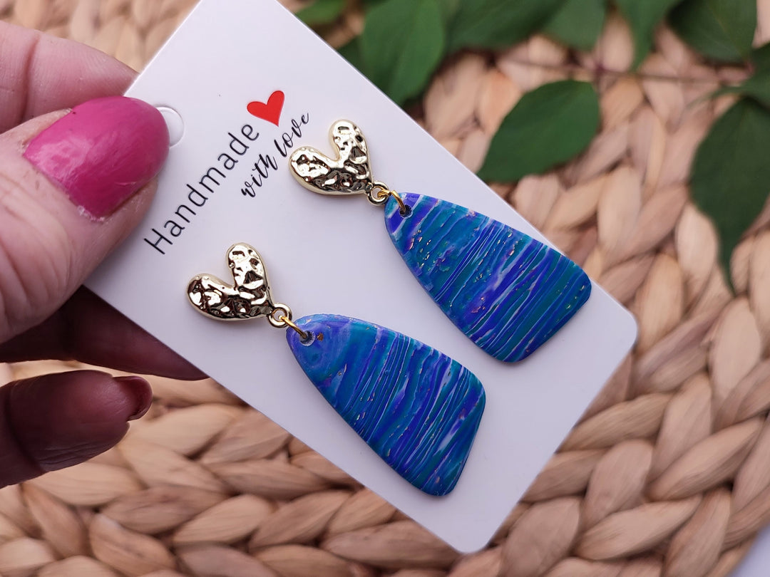 Handmade Blue Purple Earrings, Dangle Drop Polymer Clay Jewellery, Unique Statement Earrings, Lightweight Gift for her