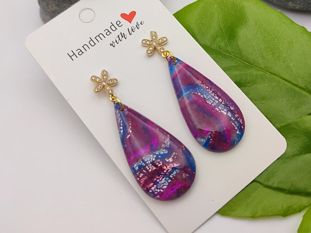 Handmade Teardrop Earrings, Magenta Blue Polymer Clay Dangle Drop, Lightweight Earrings, Clay Jewellery, Statement Earrings