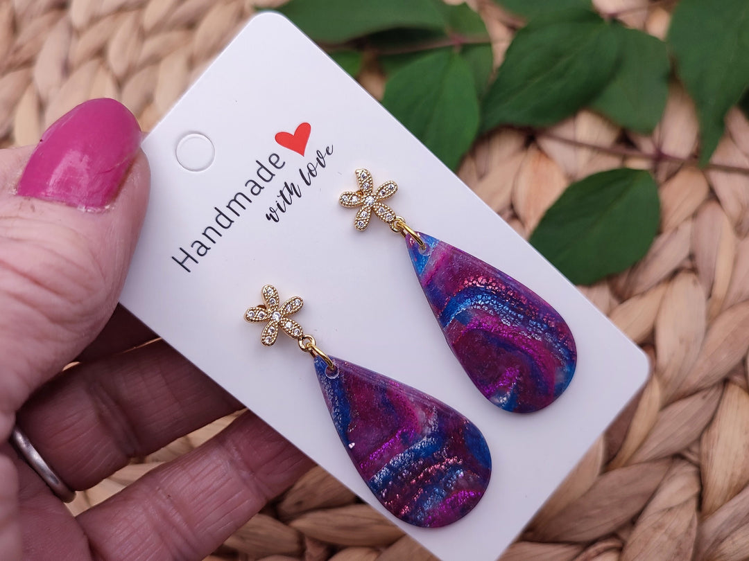 Handmade Teardrop Earrings, Magenta Blue Polymer Clay Dangle Drop, Lightweight Earrings, Clay Jewellery, Statement Earrings