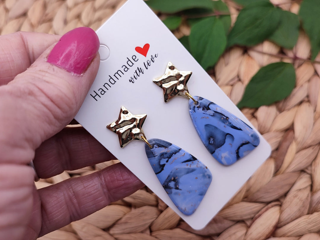 Handmade Polymer Clay Blue Earrings, Lightweight Statement Earrings, Unique Design, Dangle Drop Earrings Unusual Gifts Handmade Gift