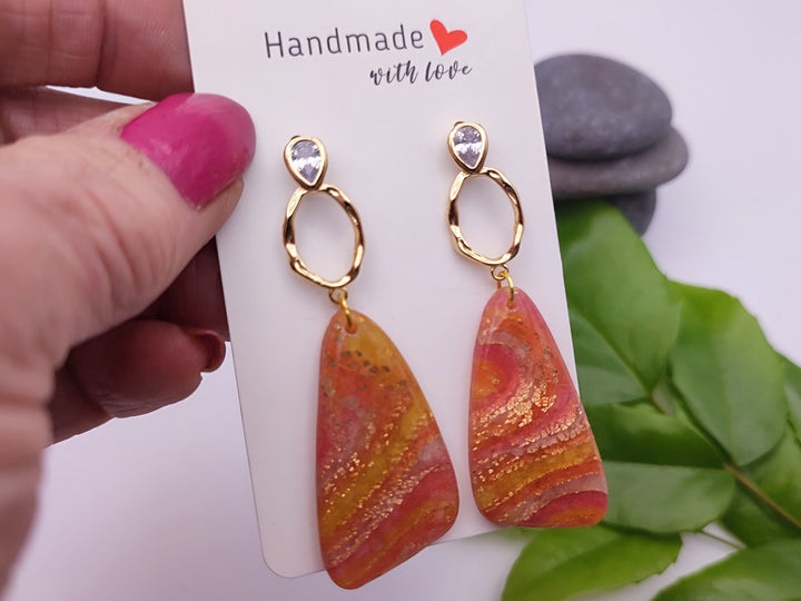 UK Handmade Orange Gold Dangle Earrings, Lightweight Clay Earrings, Long Drop Earrings, Statement Earrings, Unusual Unique Gifts