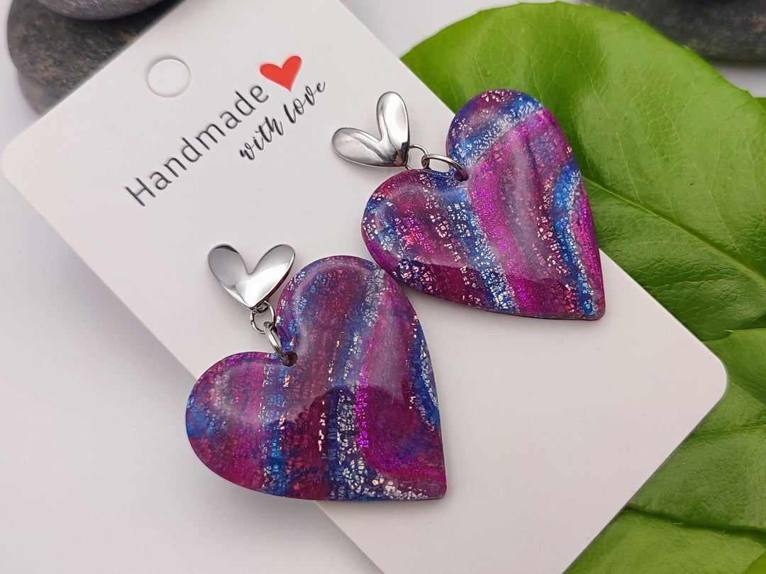 Heart Earrings, Handmade Magenta Blue Polymer Clay Dangle, Lightweight Earrings, Clay Jewellery, Statement Earrings, Silver Earrings UK