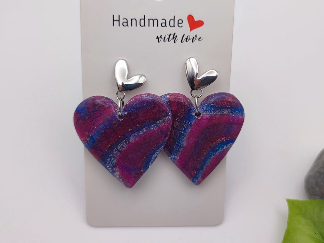 Heart Earrings, Handmade Magenta Blue Polymer Clay Dangle, Lightweight Earrings, Clay Jewellery, Statement Earrings, Silver Earrings UK