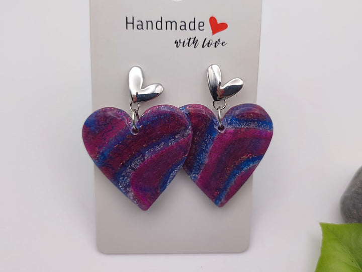 Heart Earrings, Handmade Magenta Blue Polymer Clay Dangle, Lightweight Earrings, Clay Jewellery, Statement Earrings, Silver Earrings UK