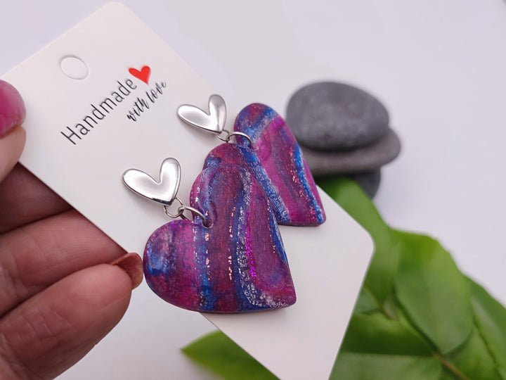 Heart Earrings, Handmade Magenta Blue Polymer Clay Dangle, Lightweight Earrings, Clay Jewellery, Statement Earrings, Silver Earrings UK