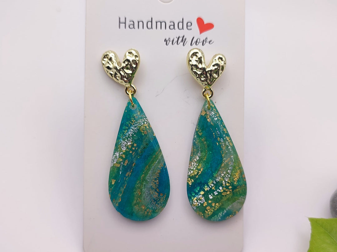 Teal Green and Gold Dangle Earrings, Handmade Polymer Clay Teardrop, Lightweight Earrings, Unique Gift, Handmade Gift, Costume Jewelry