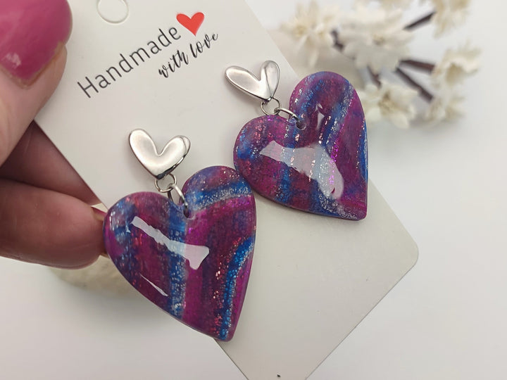 Heart Earrings, Handmade Magenta Blue Polymer Clay Dangle, Lightweight Earrings, Clay Jewellery, Statement Earrings, Silver Earrings UK