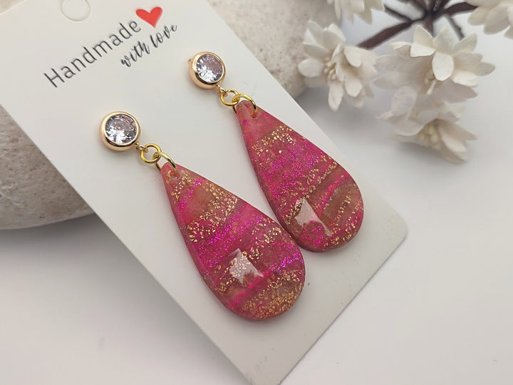 Pink and Gold Teardrop Dangle Earrings Polymer Clay Jewellery, Lightweight Statement Earrings, Handmade Gift for her