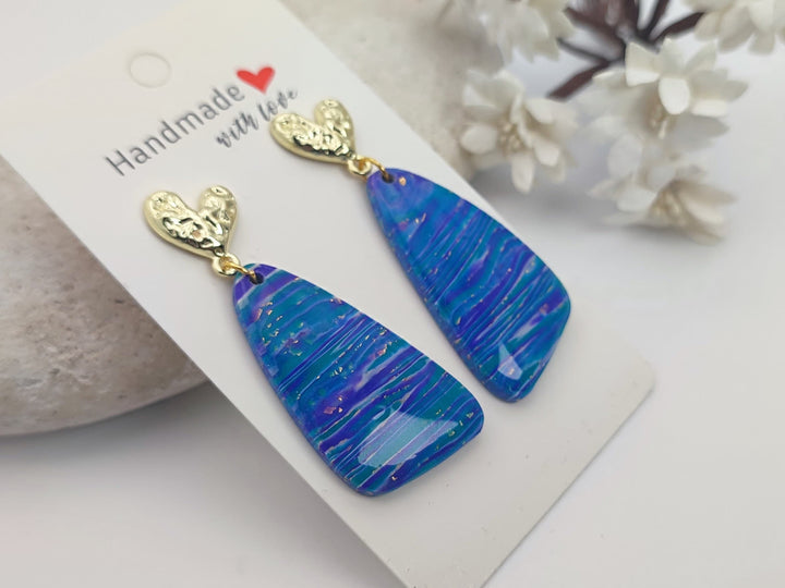 Handmade Blue Purple Earrings, Dangle Drop Polymer Clay Jewellery, Unique Statement Earrings, Lightweight Gift for her