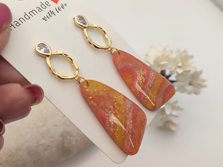 UK Handmade Orange Gold Dangle Earrings, Lightweight Clay Earrings, Long Drop Earrings, Statement Earrings, Unusual Unique Gifts