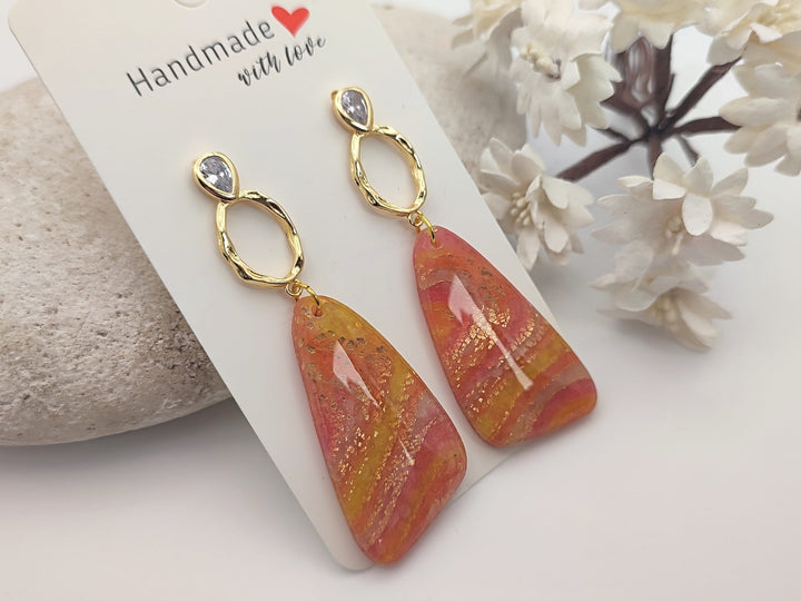 UK Handmade Orange Gold Dangle Earrings, Lightweight Clay Earrings, Long Drop Earrings, Statement Earrings, Unusual Unique Gifts