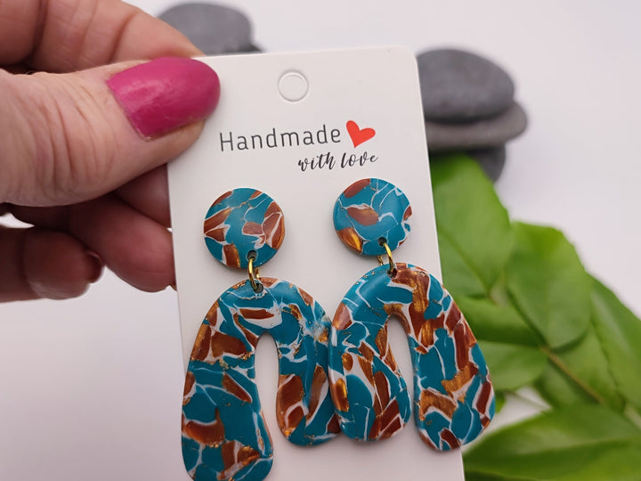 Lightweight Teal Brown Polymer Clay Earrings, Handmade UK Boho Jewellery, Fashion Earrings, Faux Stone Earrings