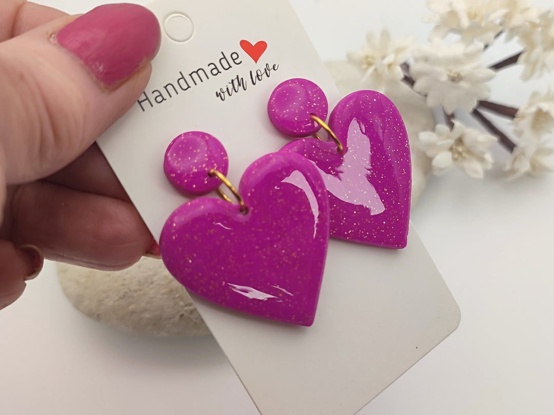 Hot Pink Heart Dangle Earrings Polymer Clay Jewellery, Lightweight Statement Earrings, Funky earrings Handmade Gift for her