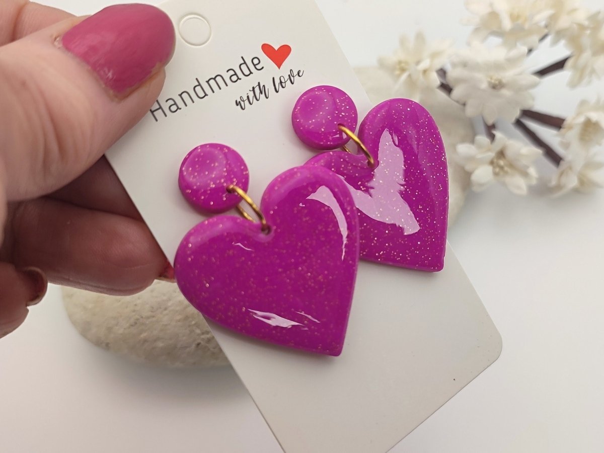 Hot Pink Heart Dangle Earrings Polymer Clay Jewellery, Lightweight Statement Earrings, Funky earrings Handmade Gift for her