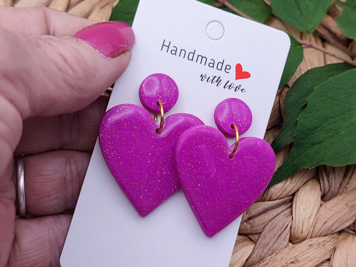 Hot Pink Heart Dangle Earrings Polymer Clay Jewellery, Lightweight Statement Earrings, Funky earrings Handmade Gift for her