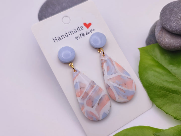 Pink Blue Marbled Dangle Earrings UK, Faux Gem Stone Jewellery, Polymer Clay Statement Earrings, Handmade